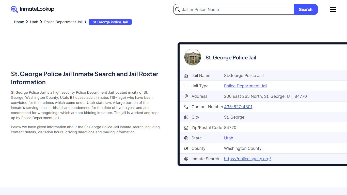 St.George Police Jail Inmate Search and Jail Roster Information